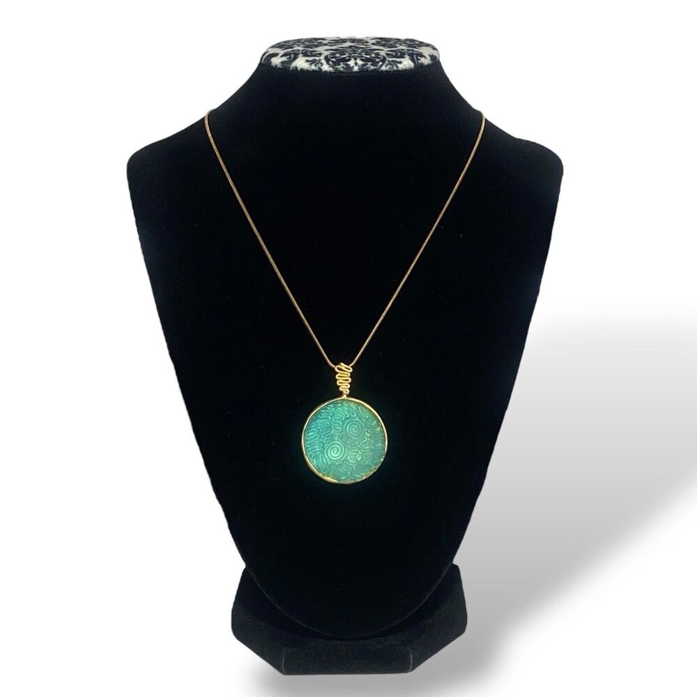 Michael Vincent Michaud Gold Turquoise Pendant Necklace 16-18" Cast Glass Round